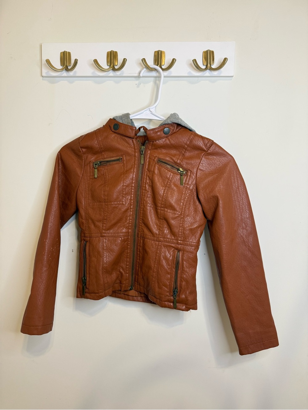 Yoki Girls' Brown Faux Leather Hooded Jean Jacket